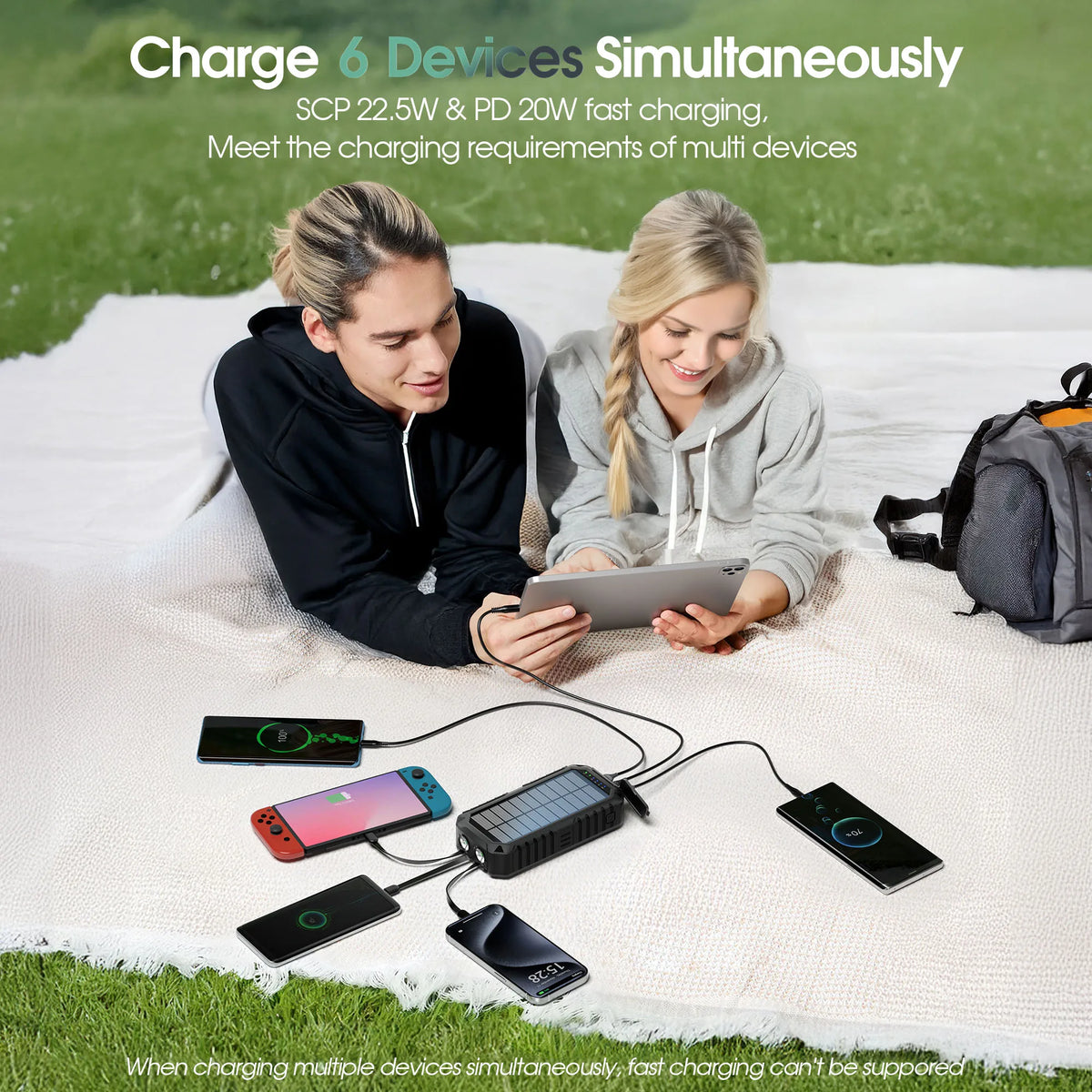 Two women are demonstrating simultaneous fast charging of six devices using a solar power bank and multiple cables on a white