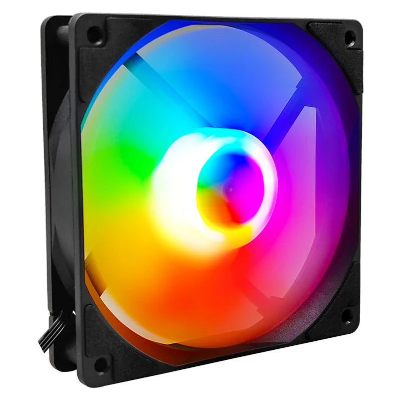 A black computer case cooling fan with a colorful, multi-colored LED light visible through the fan grille.