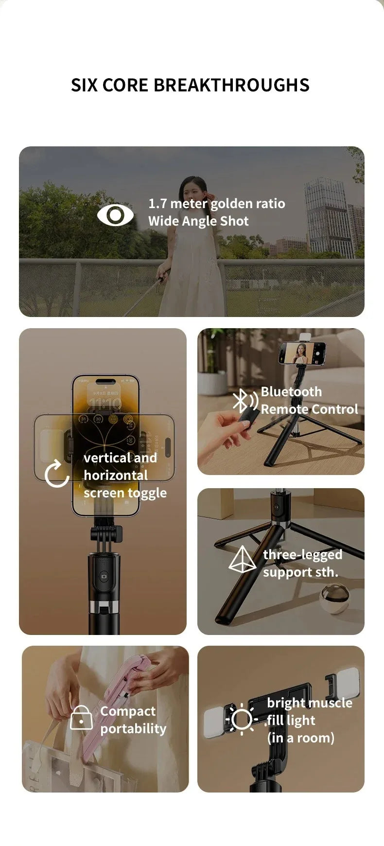 A collection of features for an ultra-long selfie stick including a 1.7 meter golden ratio wide angle shot, Bluetooth remote 