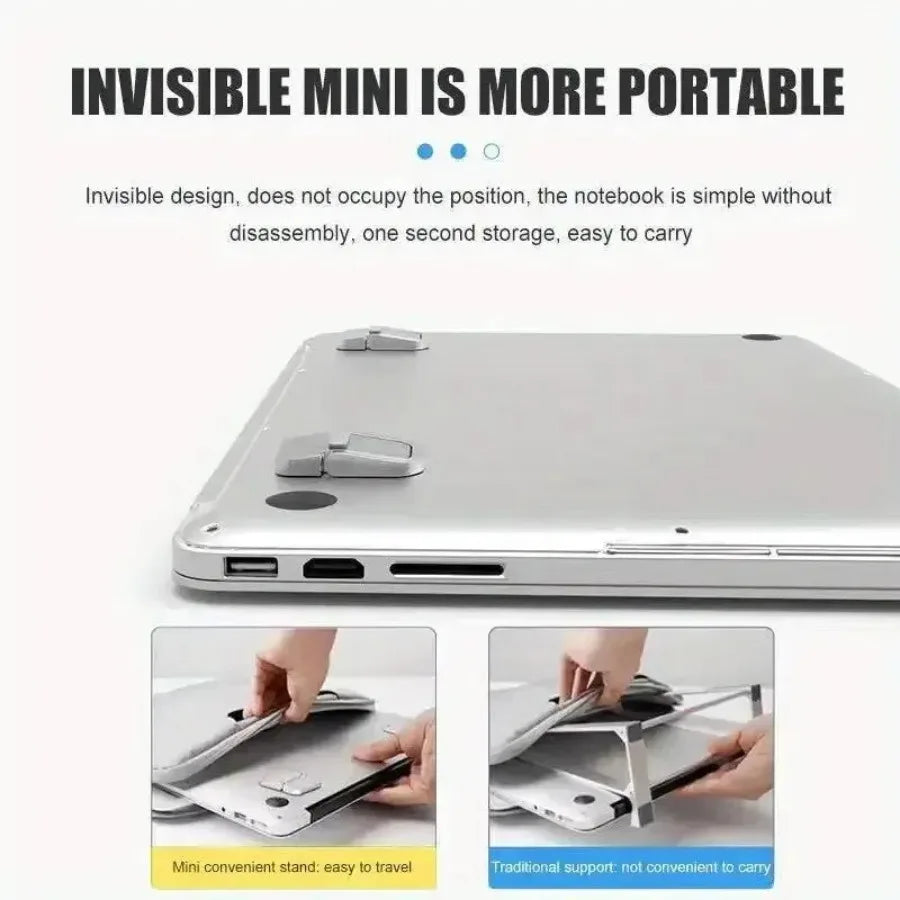 A silver laptop is shown with a mini convenient stand for easy travel and carrying.
