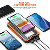 A portable solar power bank with multiple charging ports and an LED flashlight, shown alongside three smartphones.