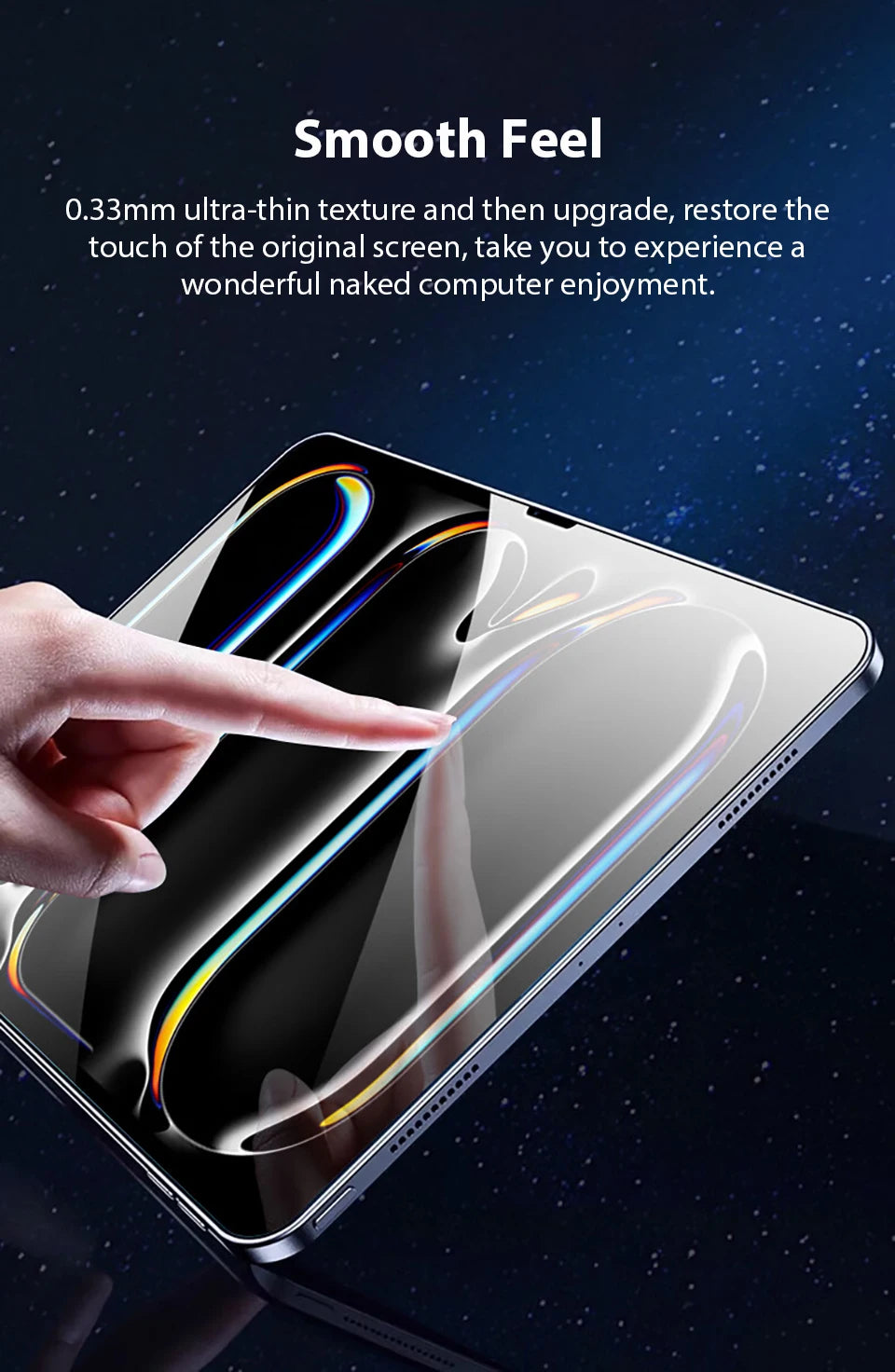 Una mano toca una pantalla de smartphone protegida por un protector de vidrio templado ultrafino.