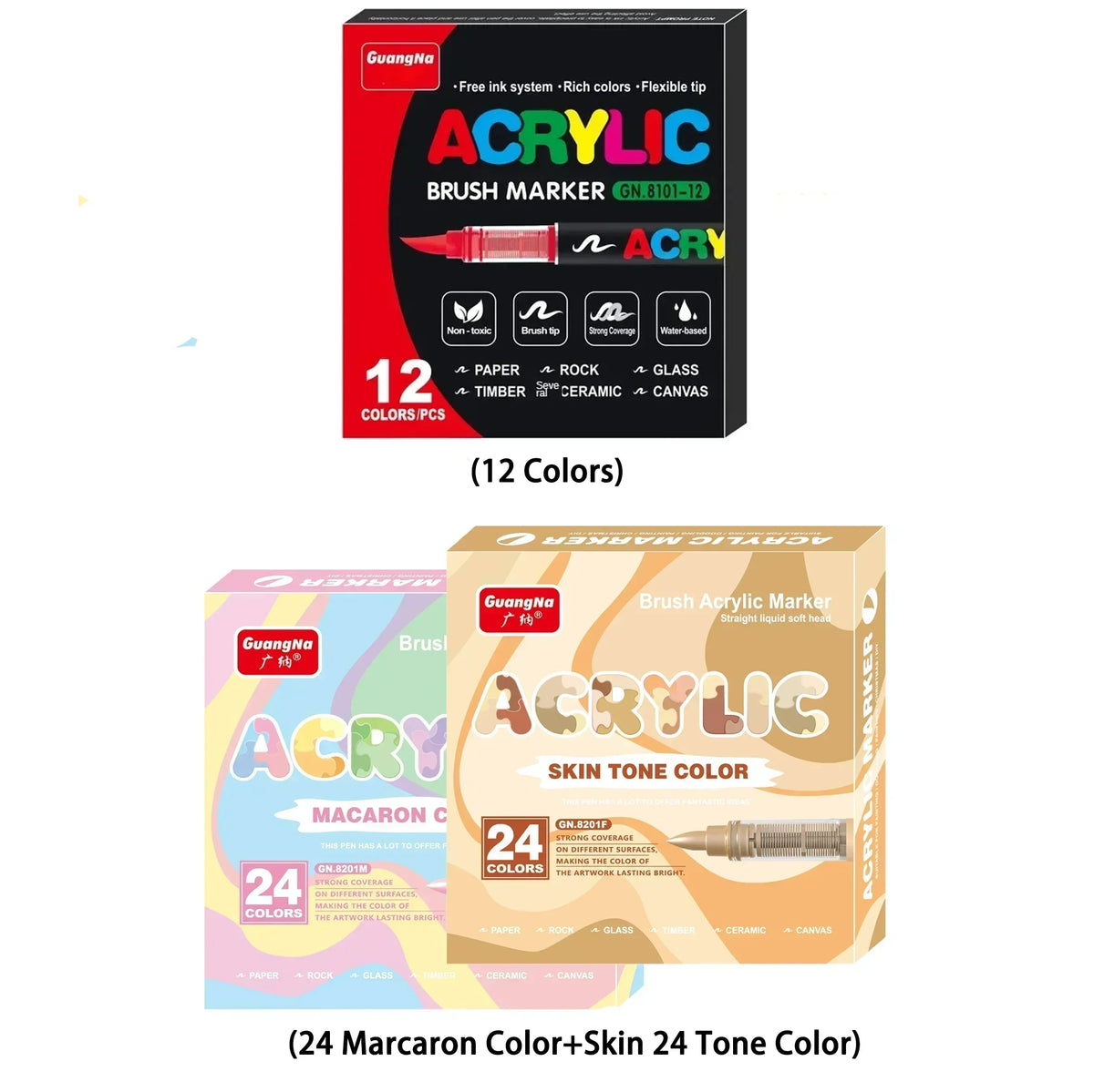 Box of 12 acrylic brush markers in various colors and a box of 24 acrylic skin tone colors