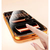 A hand is applying an upgraded Same-Silk coating screen protector to an iPhone, highlighting its fingerprint resistance.