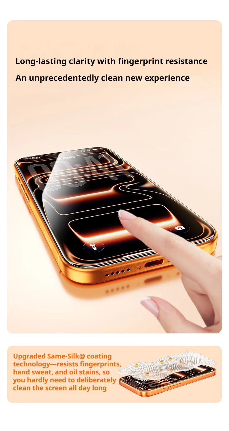 A hand is applying an upgraded Same-Silk coating screen protector to an iPhone, highlighting its fingerprint resistance.