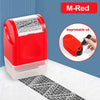 A red reusable confidential roller stamp is shown next to a barcode printout on a white surface.
