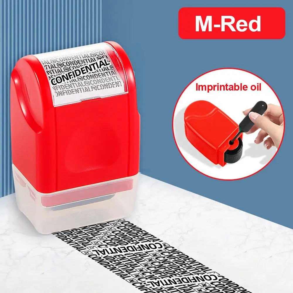 A red reusable confidential roller stamp is shown next to a barcode printout on a white surface.