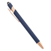 A navy blue retractable stylus and ballpoint pen with gold accents.