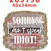 A rectangular acrylic hairbow with the text SORRY I don't speak IDIOT in pink and gray tones.