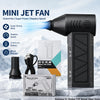 A black Mini Jet Fan is shown next to its power cord and packaging on a white surface.