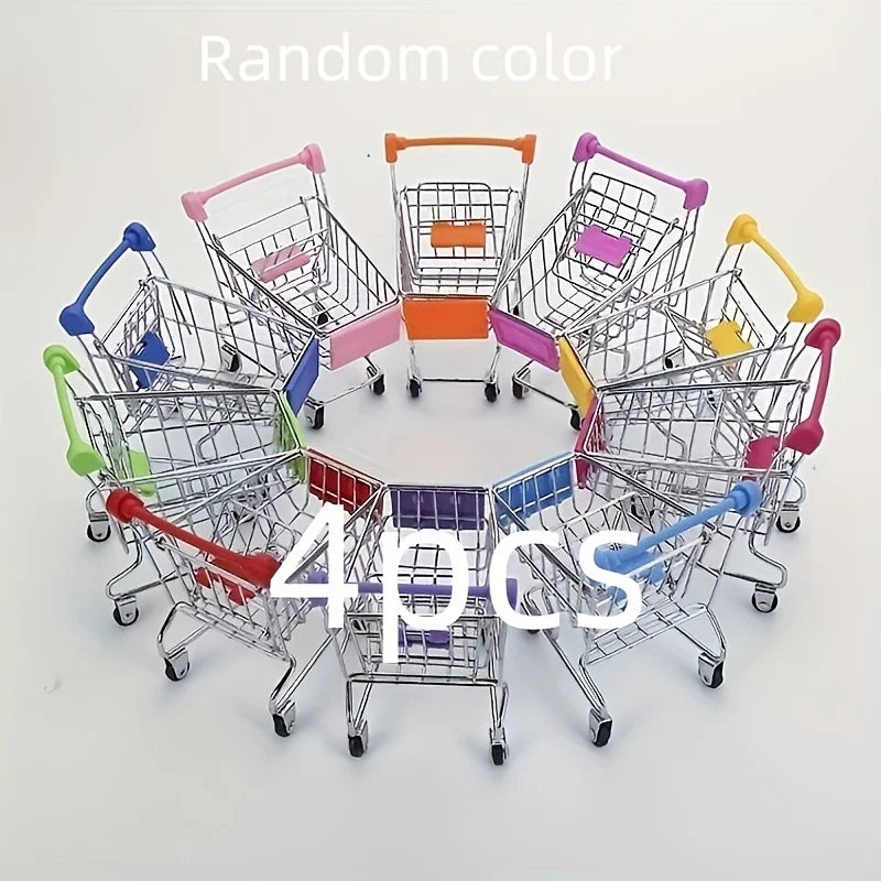 A collection of four mini shopping carts in various colors, including pink, orange, purple, and yellow.
