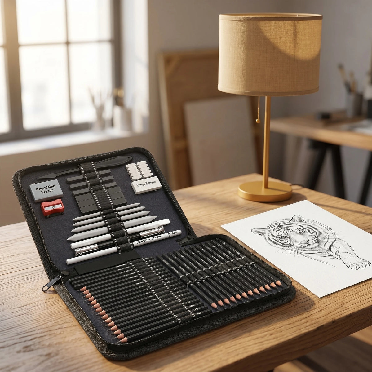 Ein schwarzes professionelles Kunstskizzenset mit Bleistiften und Kohlekreiden auf einem Holztisch neben einer Lampe.