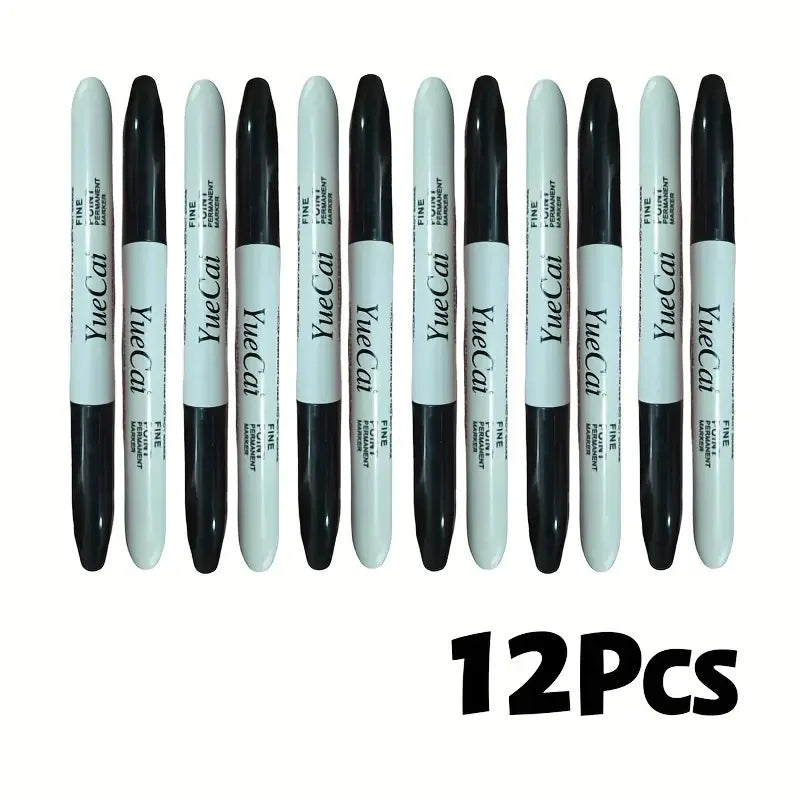 A set of twelve black permanent markers arranged in a row.
