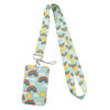 A colorful, rainbow-patterned fabric lanyard for holding ID badges and accessories.