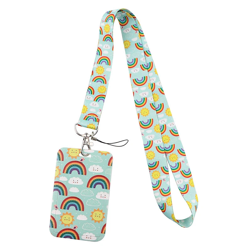 A colorful, rainbow-patterned fabric lanyard for holding ID badges and accessories.