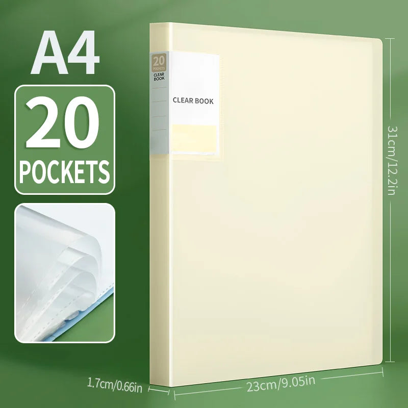 A4 clear book with 20 pockets shown next to a ruler for size reference.