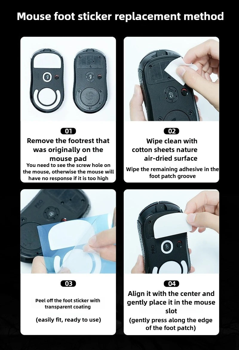 Step-by-step guide showing how to replace mouse foot stickers with a patch for smooth gliding