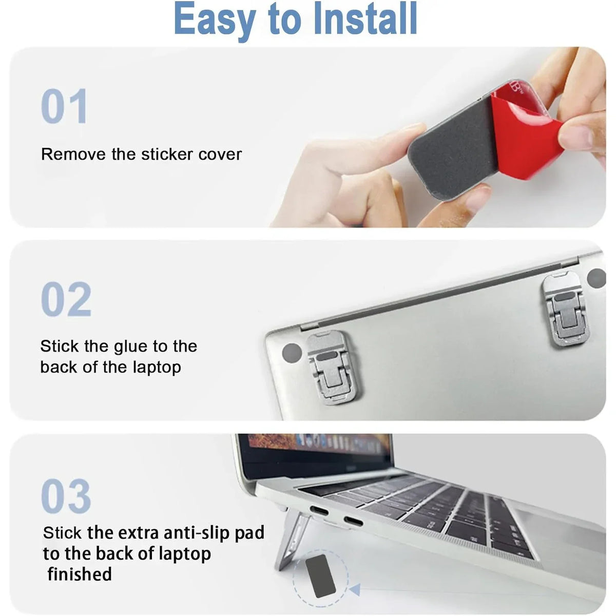 Step-by-step instructions showing how to install a keyboard riser stand on a laptop.