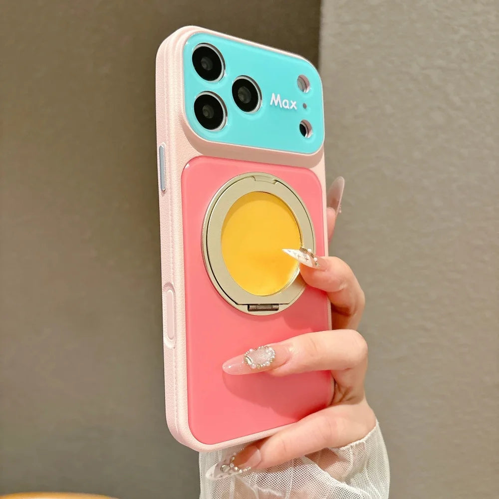 A hand holds a pink phone case with a transparent magnetic ring stand and a multi-lens camera module.