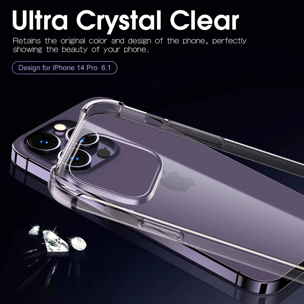 A clear shockproof phone case for an iPhone 14 Pro, showing the original purple color and design.