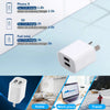 White dual port wall charger with power adapter cables shown in various contexts.