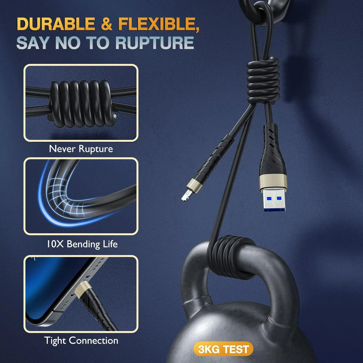 A black durable and flexible fast charging USB cable is shown hanging from a weight, demonstrating its bendability and tight 
