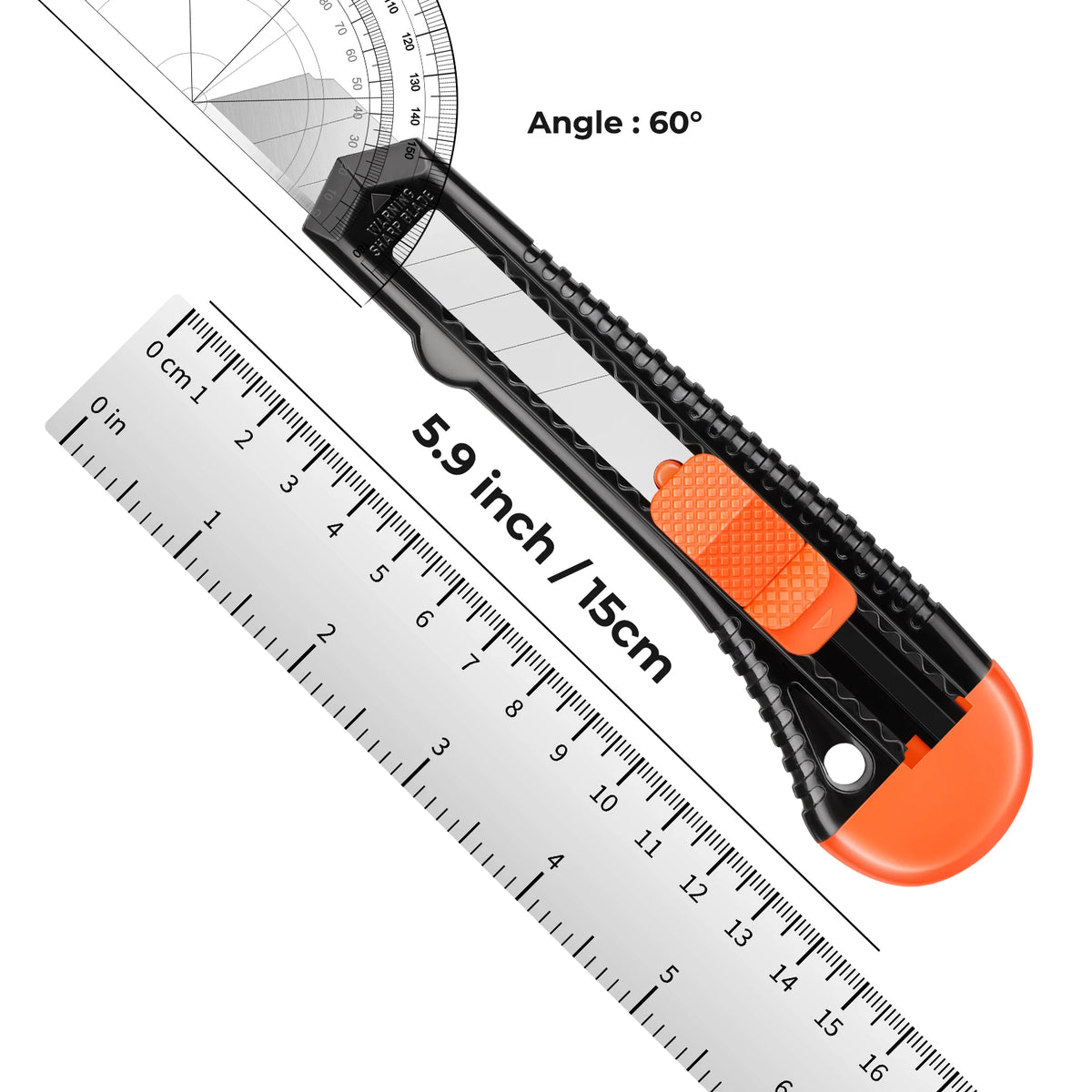 A black retractable utility box cutter with an orange handle, shown at a 60-degree angle and measuring 5.9 inches long.