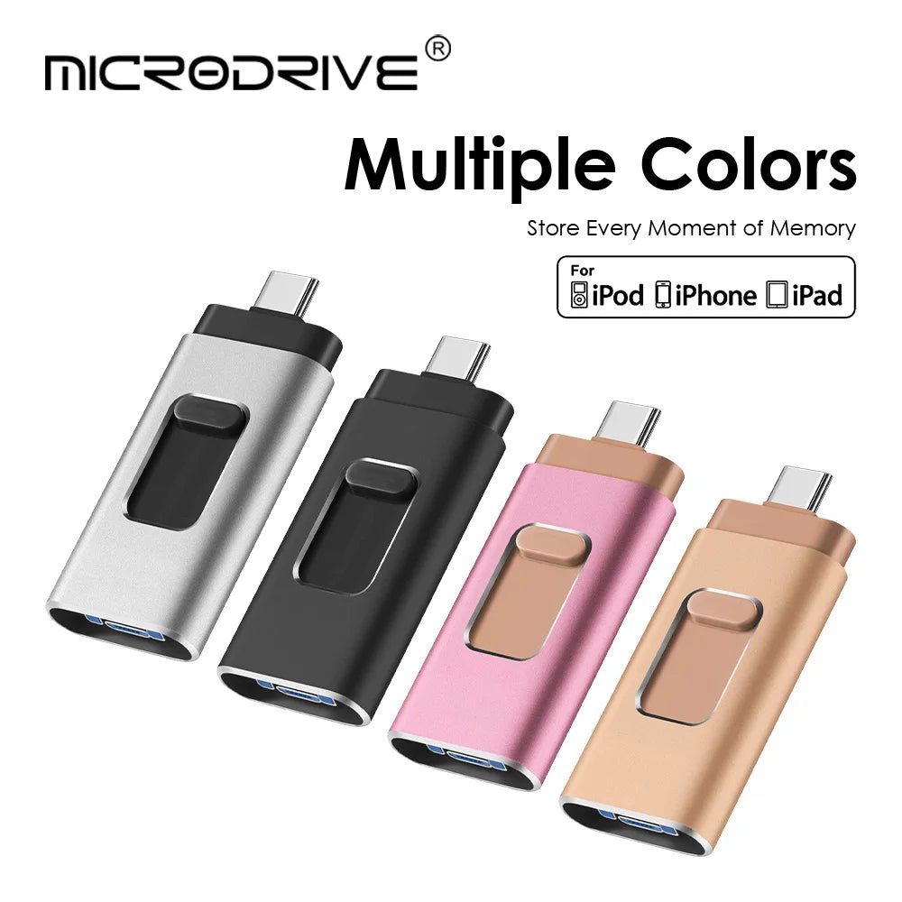 A set of four colorful MicroDrive USB flash drives for iPod, iPhone, and iPad devices.