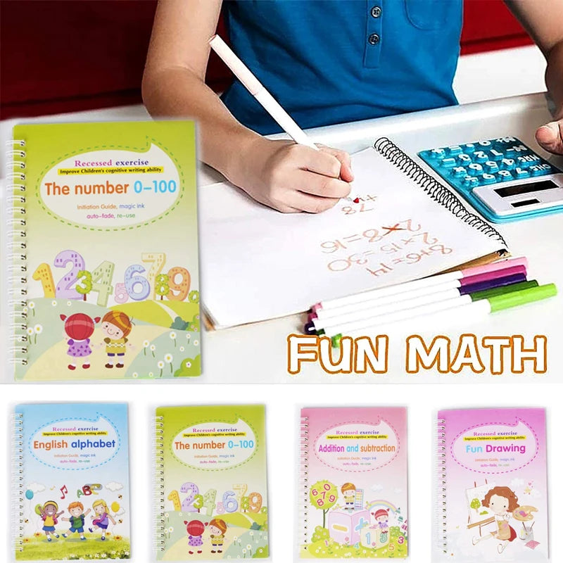A collection of reusable magic practice handwriting workbooks for kids featuring numbers, alphabet, addition, subtraction, an