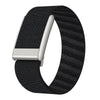 Black nylon braided strap for a watch, featuring a silver buckle and textured surface.