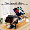 A black adjustable dual rod stand holding an iPhone and a tablet for easy switching.