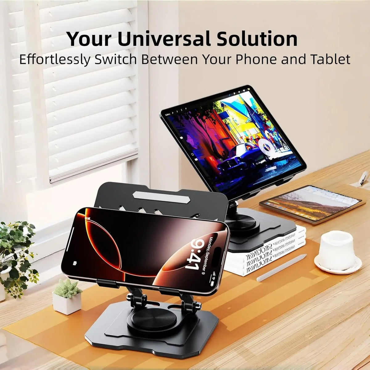 A black adjustable dual rod stand holding an iPhone and a tablet for easy switching.