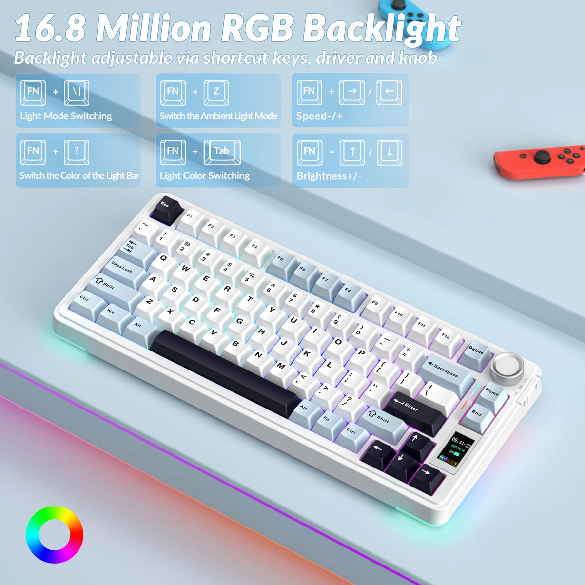 A white mechanical keyboard with customizable RGB backlight features and shortcut keys is displayed on a light blue surface.
