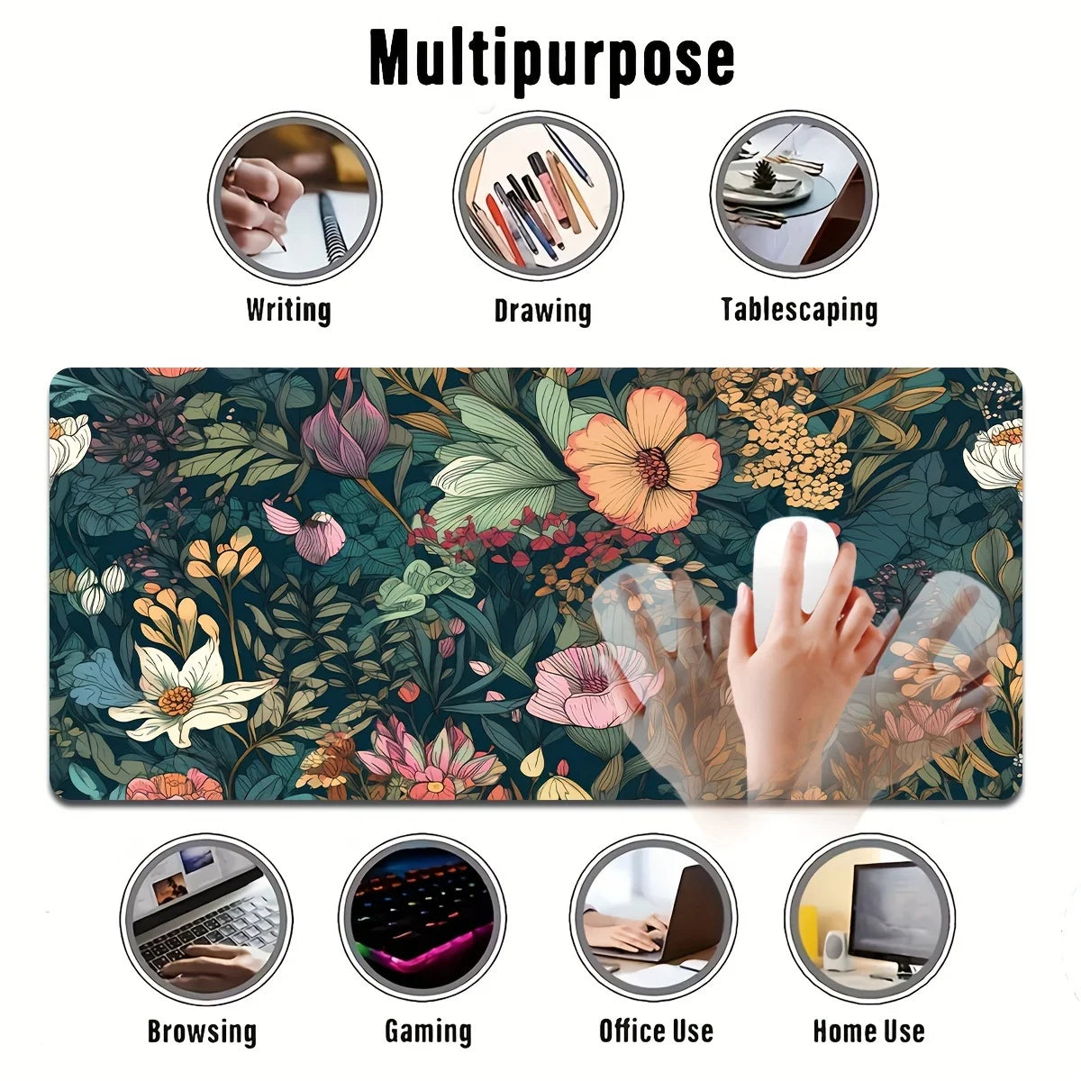 A large floral design mouse pad featuring various artistic and daily use icons like writing, drawing, tablescapping, browsing