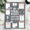 A spiral-bound planner workbook with various sections for end of life planning and wishes, set against a light background.