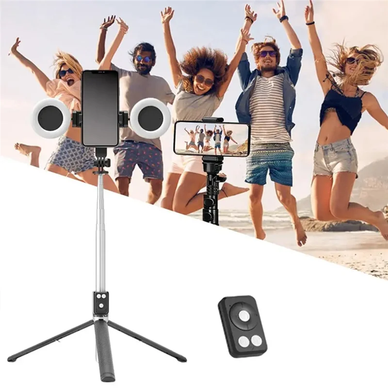 A selfie stick tripod is shown with a smartphone mounted, a light attachment, and a folding leg.