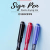 Three signature pens in black, red, and blue are displayed against a light blue background.