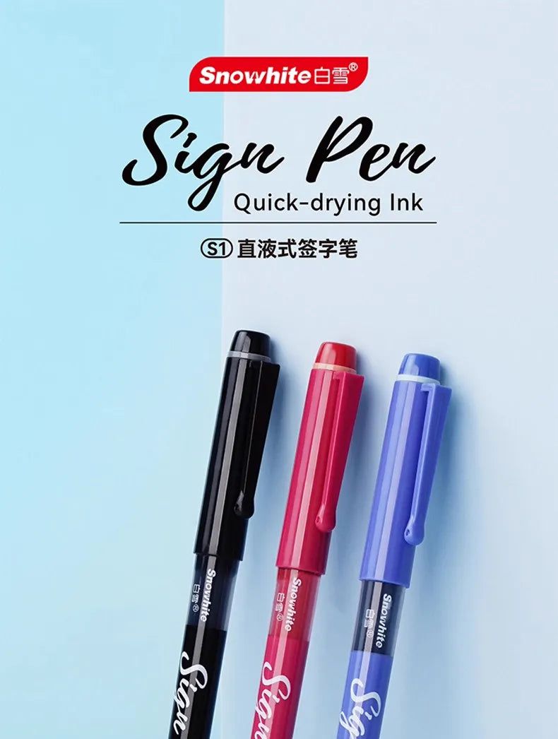 Three signature pens in black, red, and blue are displayed against a light blue background.
