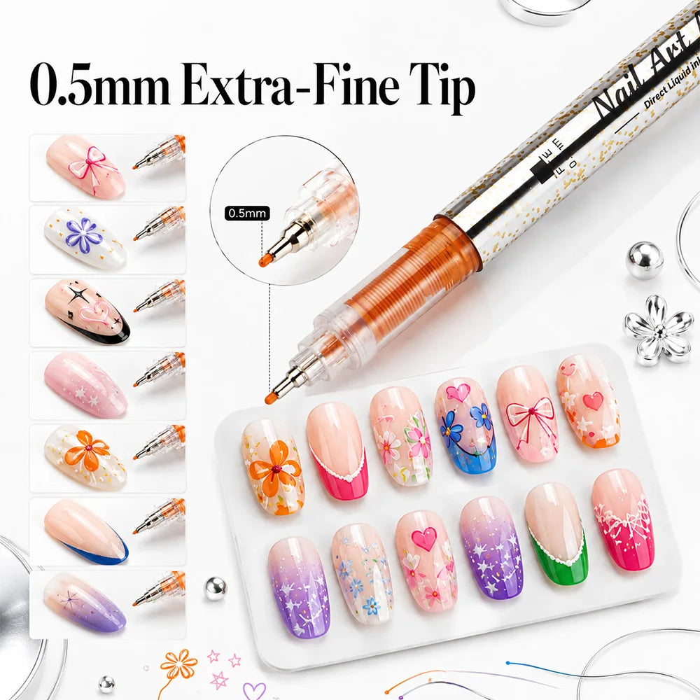 A set of nail art marker pens with 0.5mm extra-fine tips and various colored nail designs.