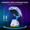 A white magnetic RGB charging dock with a glowing base and a gaming mouse resting on it.