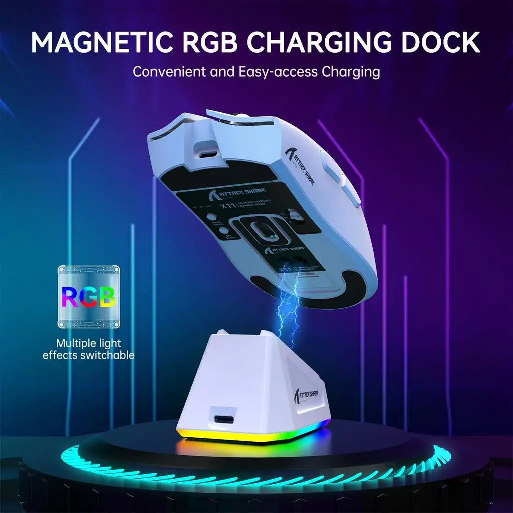 A white magnetic RGB charging dock with a glowing base and a gaming mouse resting on it.