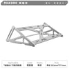 A silver metal keyboard display stand with a sturdy frame for mechanical keyboards.