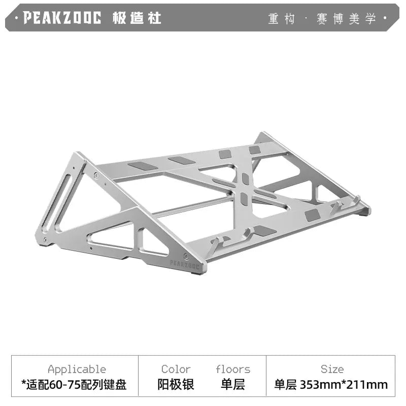 A silver metal keyboard display stand with a sturdy frame for mechanical keyboards.