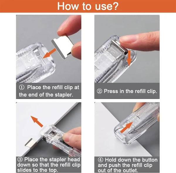 Instructions showing how to use a heavy duty push stapler with refill clips.