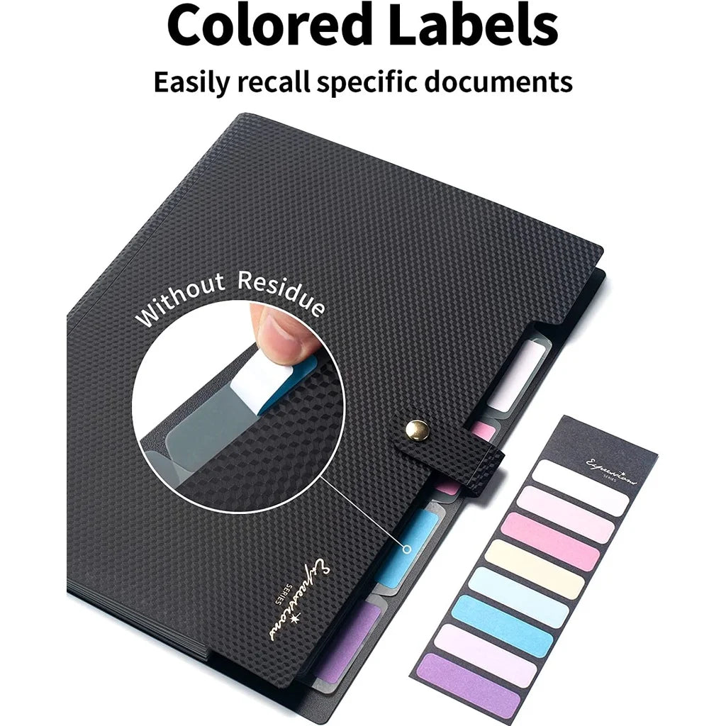 A black expanding A4 file folder with colored labels and a separate strip of colored labels.