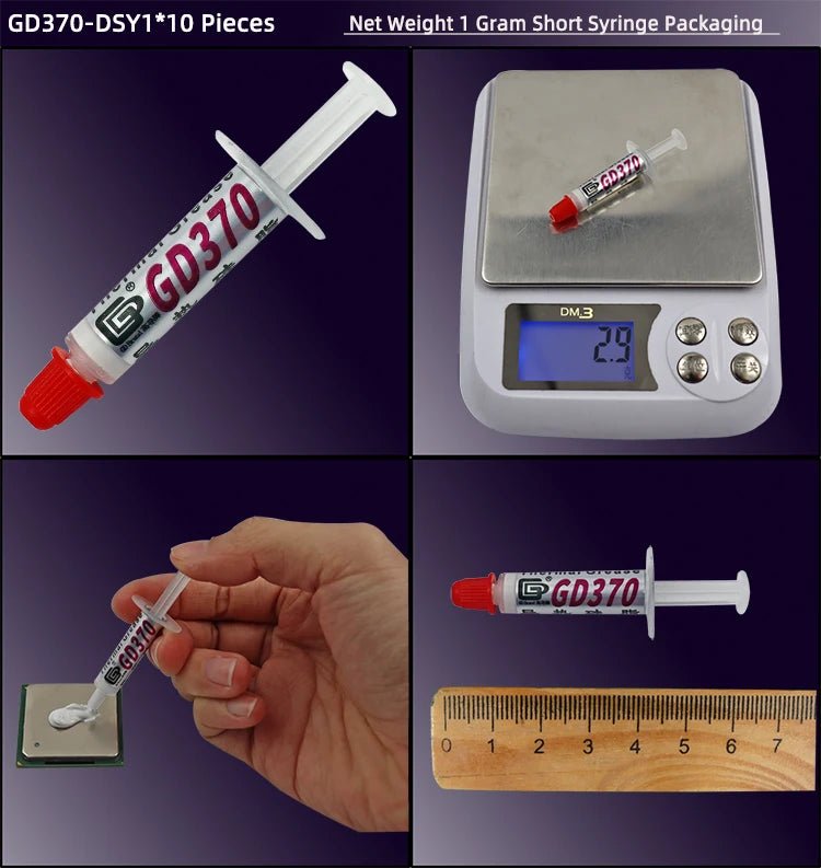 A syringe labeled GD370 is shown next to a digital scale and a wooden ruler.