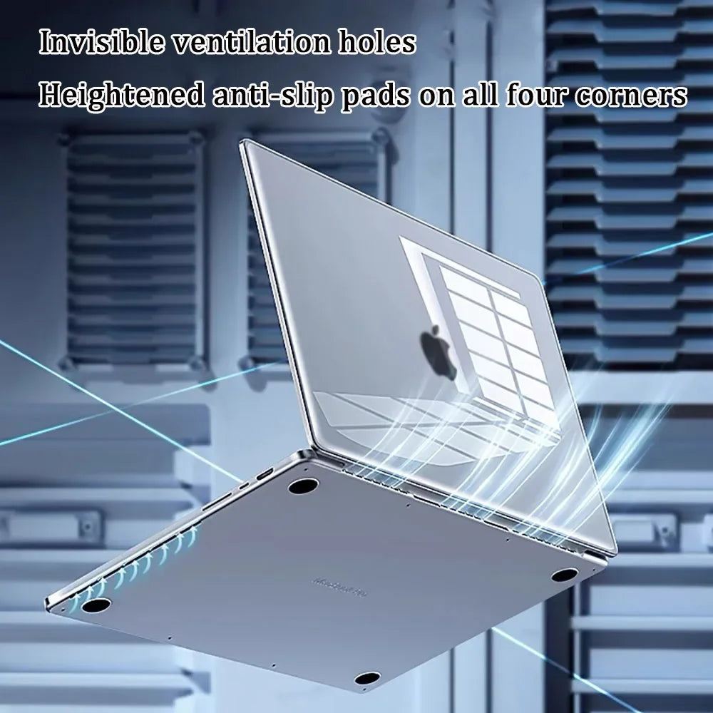 A silver laptop case is shown with invisible ventilation holes and anti-slip pads on all four corners.