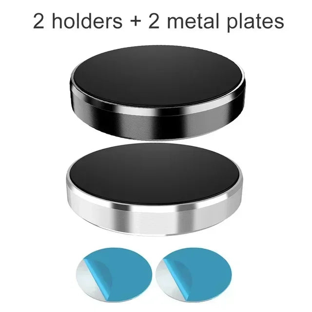 Two black and silver magnetic holders with blue accents for a car dashboard phone mount