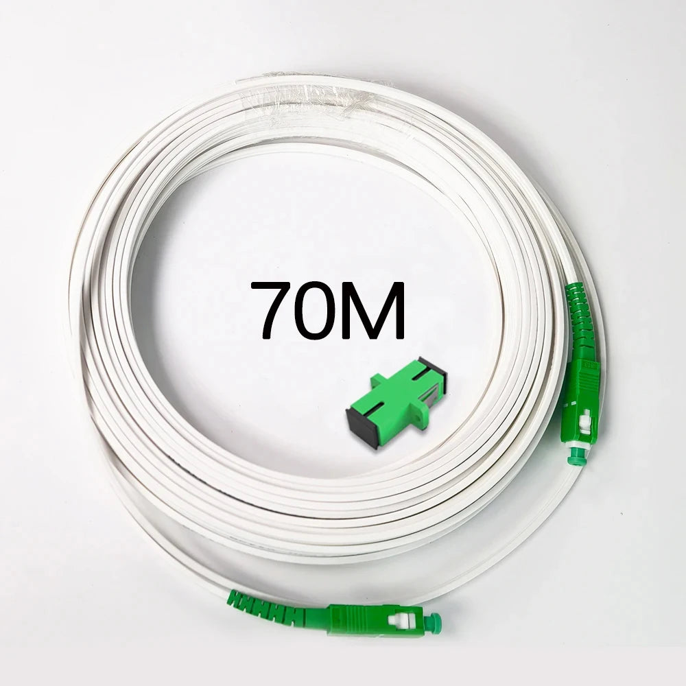 A coil of 70 meter single-mode fiber optic cable with green connectors is shown on a white background.