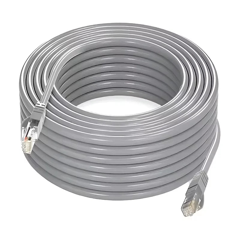 A coil of gray high-speed Cat6 Ethernet cable with connectors visible.